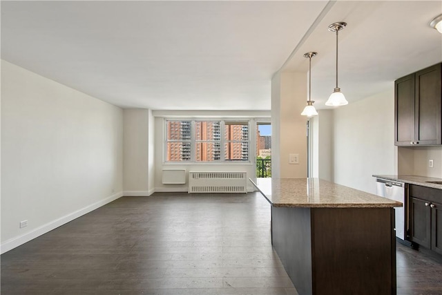 kitchen with dark brown cabinets, dishwasher, radiator heating unit, dark hardwood / wood-style floors, and hanging light fixtures