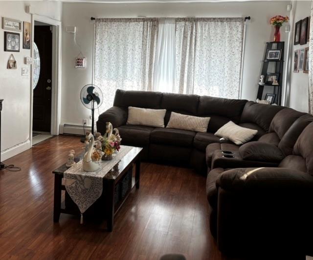 living room with dark hardwood / wood-style floors, a healthy amount of sunlight, and a baseboard radiator