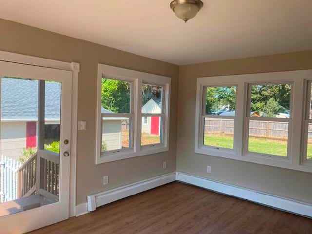 interior space featuring a water view, a baseboard radiator, and dark wood-type flooring