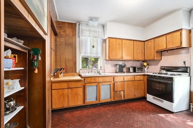 kitchen with backsplash, sink, white range with gas stovetop, and wood walls