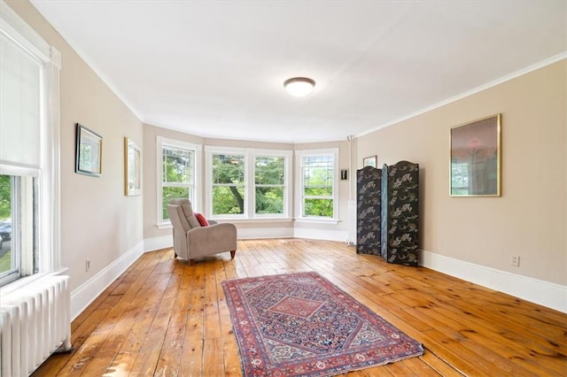 sitting room with hardwood / wood-style flooring, radiator heating unit, and crown molding