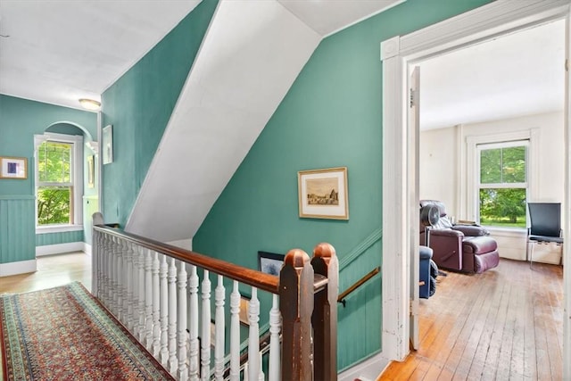 hall with light hardwood / wood-style flooring, vaulted ceiling, and plenty of natural light