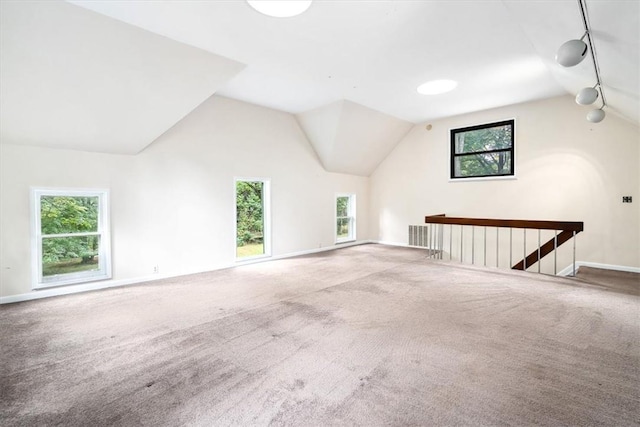 additional living space with lofted ceiling and carpet flooring