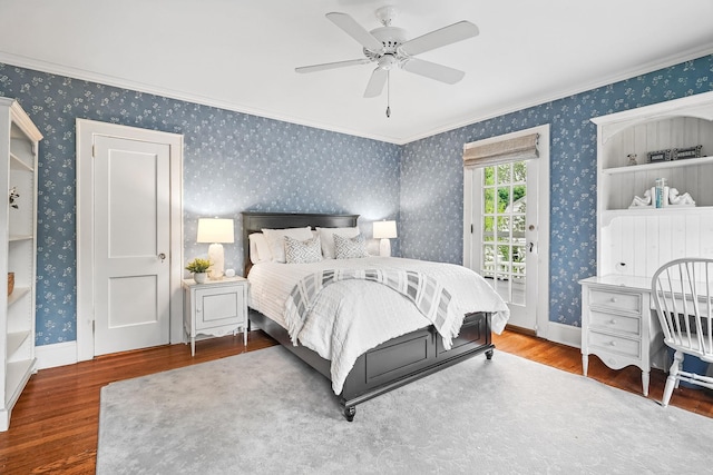 105 Walworth Ave, Scarsdale, NY 10583 - bedroom featuring wood finished floors, access to exterior, ornamental molding, wallpapered walls, and a ceiling fan