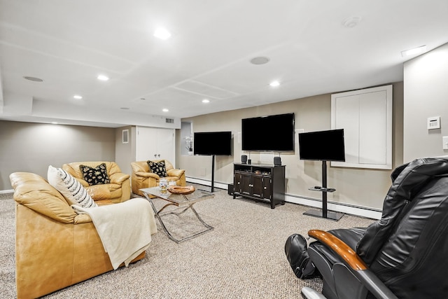 105 Walworth Ave, Scarsdale, NY 10583 - carpeted living area featuring a baseboard heating unit, recessed lighting, and baseboards