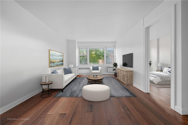 living room with radiator and dark wood-type flooring