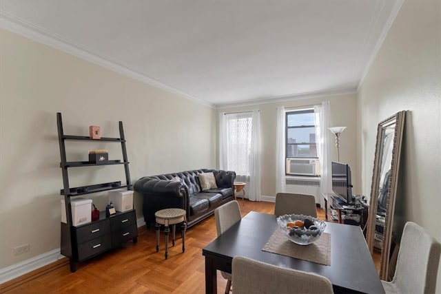 dining area with parquet flooring, radiator, and ornamental molding