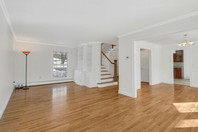 unfurnished living room with an inviting chandelier, a baseboard heating unit, crown molding, and light hardwood / wood-style floors