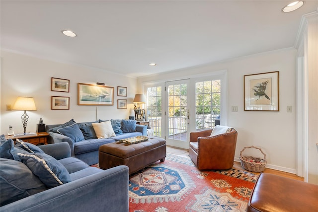 living room with crown molding