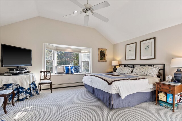 bedroom with ceiling fan, lofted ceiling, carpet flooring, and a baseboard heating unit