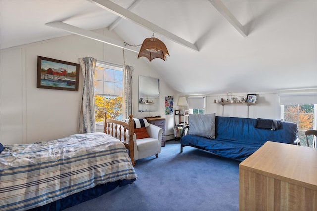 carpeted bedroom with vaulted ceiling with beams