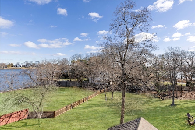 view of community featuring a water view and a yard