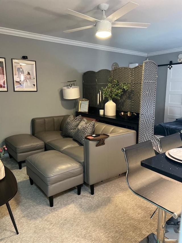 living room featuring crown molding and light colored carpet