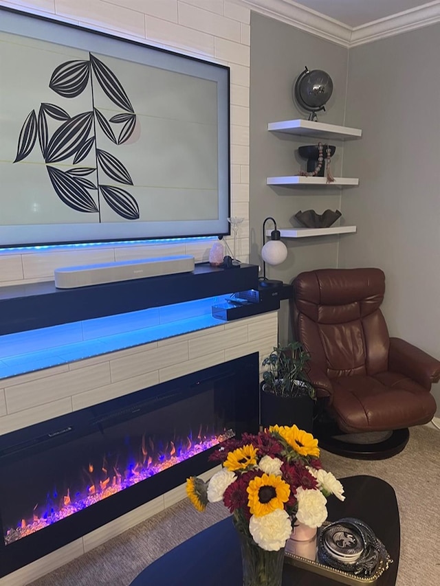 living room with carpet and ornamental molding