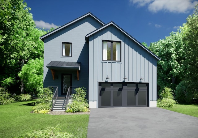 modern farmhouse style home featuring a garage and a front lawn