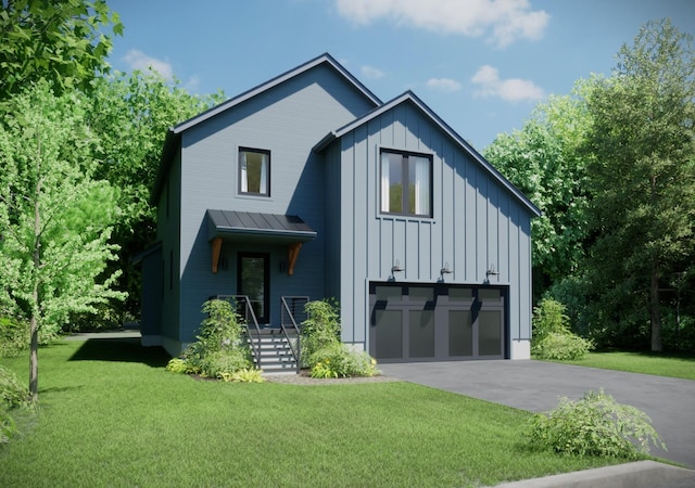 modern farmhouse featuring a front yard and a garage