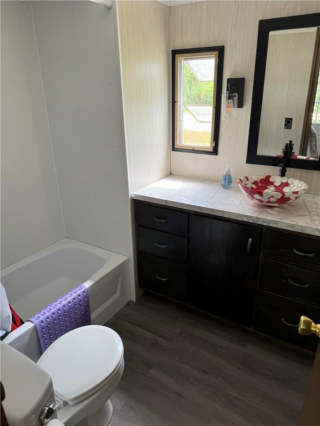 bathroom with wood-type flooring, vanity, and toilet