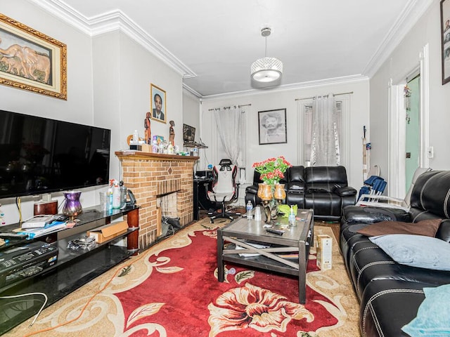 living room with a fireplace and ornamental molding