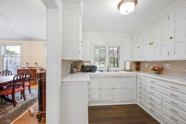 kitchen with dark hardwood / wood-style floors, white cabinetry, a healthy amount of sunlight, and sink