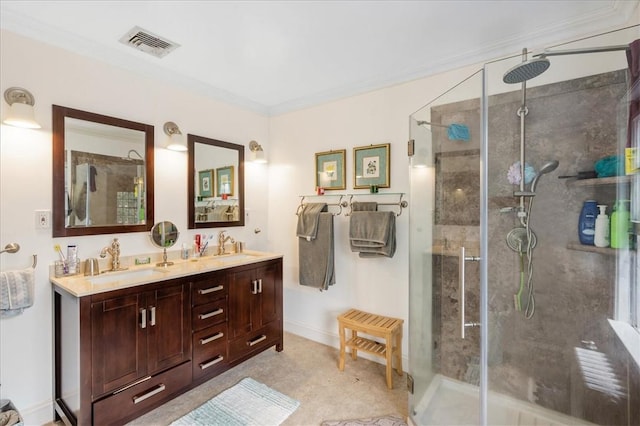 bathroom featuring crown molding, vanity, and walk in shower