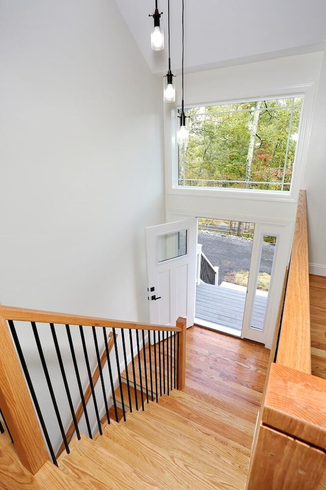 staircase featuring plenty of natural light, lofted ceiling, and hardwood / wood-style flooring