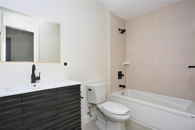 full bathroom featuring vanity, tiled shower / bath combo, and toilet