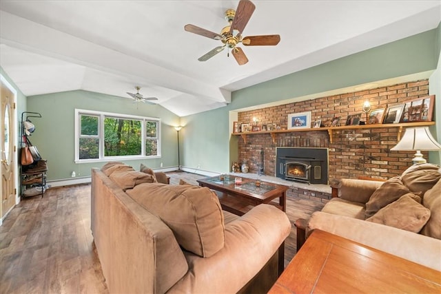 living room featuring wood-type flooring, vaulted ceiling, ceiling fan, and a baseboard heating unit