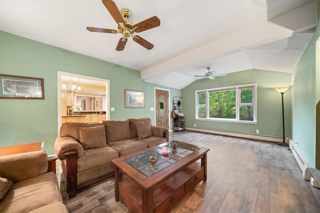 living room featuring hardwood / wood-style floors, ceiling fan with notable chandelier, a baseboard heating unit, and lofted ceiling