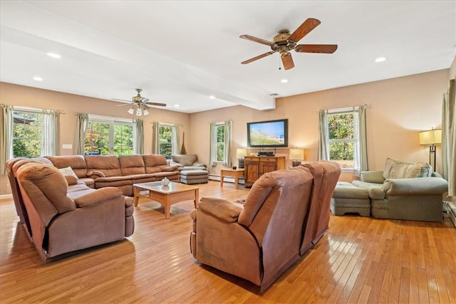 living room featuring ceiling fan, light hardwood / wood-style flooring, and beamed ceiling