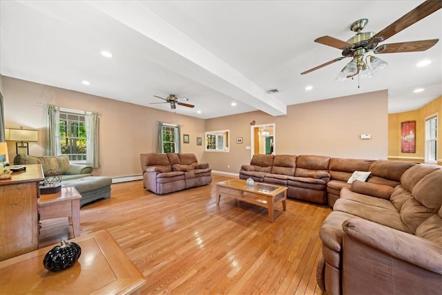 living room with beamed ceiling, a baseboard heating unit, and light hardwood / wood-style flooring