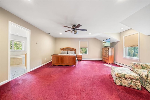 unfurnished bedroom featuring carpet floors, baseboard heating, ceiling fan, and connected bathroom