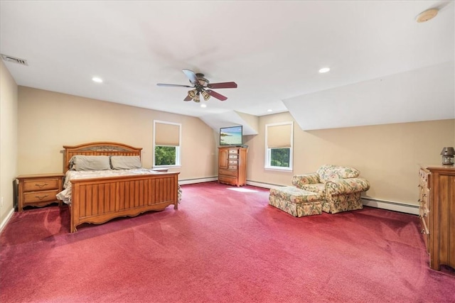 bedroom with baseboard heating, ceiling fan, and carpet flooring