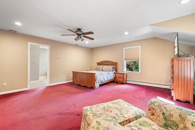 unfurnished bedroom featuring carpet flooring, ceiling fan, lofted ceiling, and a baseboard radiator