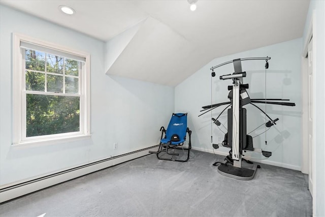 exercise room with carpet, lofted ceiling, and a baseboard heating unit