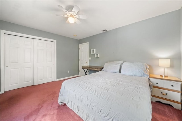 bedroom featuring carpet, a closet, and ceiling fan