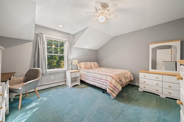 carpeted bedroom with ceiling fan, a baseboard radiator, and vaulted ceiling