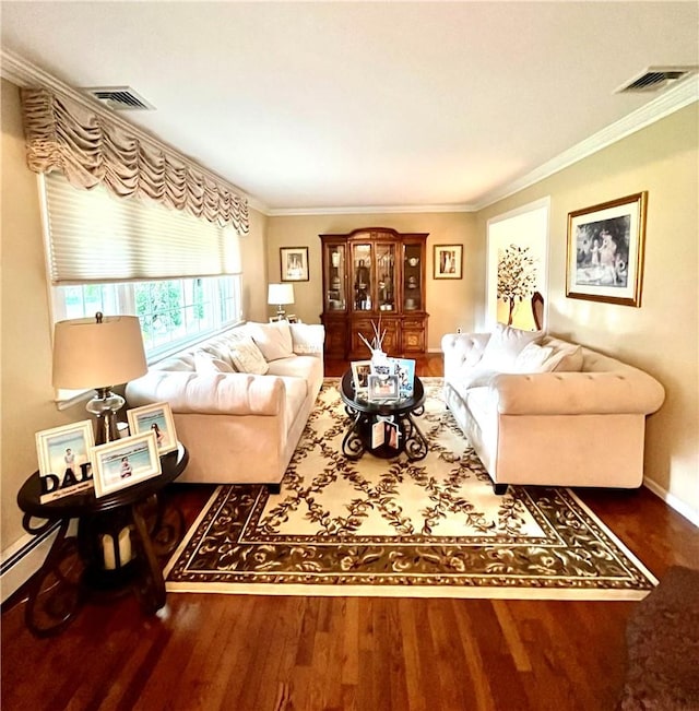 living room featuring crown molding, dark hardwood / wood-style flooring, and a baseboard radiator