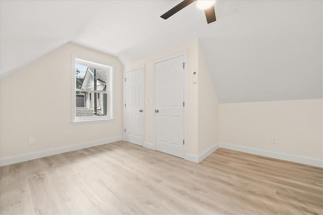 bonus room featuring ceiling fan, lofted ceiling, and light hardwood / wood-style flooring