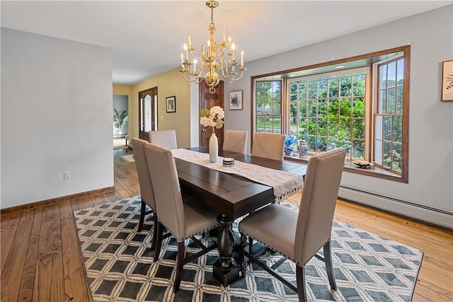 dining space featuring hardwood / wood-style flooring, a notable chandelier, and baseboard heating