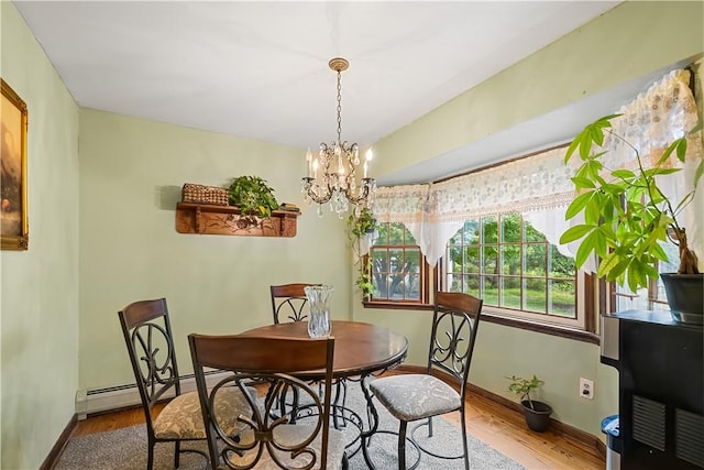 dining space with hardwood / wood-style flooring and a chandelier