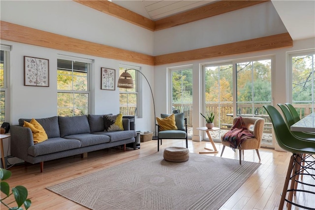 sunroom featuring beam ceiling and a healthy amount of sunlight