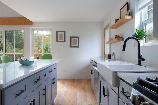 kitchen featuring light hardwood / wood-style floors, gray cabinets, stainless steel range with electric stovetop, and sink