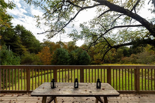 wooden deck featuring a lawn