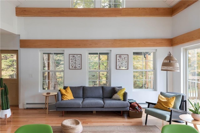 sunroom with beam ceiling and a baseboard heating unit