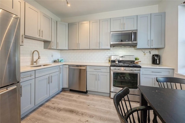 kitchen featuring backsplash, light hardwood / wood-style flooring, stainless steel appliances, and sink