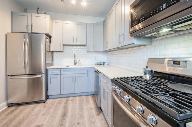 kitchen with gray cabinetry, sink, light hardwood / wood-style flooring, backsplash, and appliances with stainless steel finishes