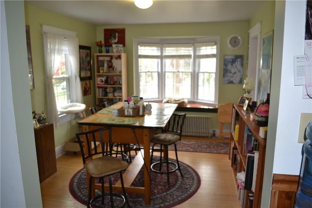 dining room with light wood-type flooring and radiator heating unit