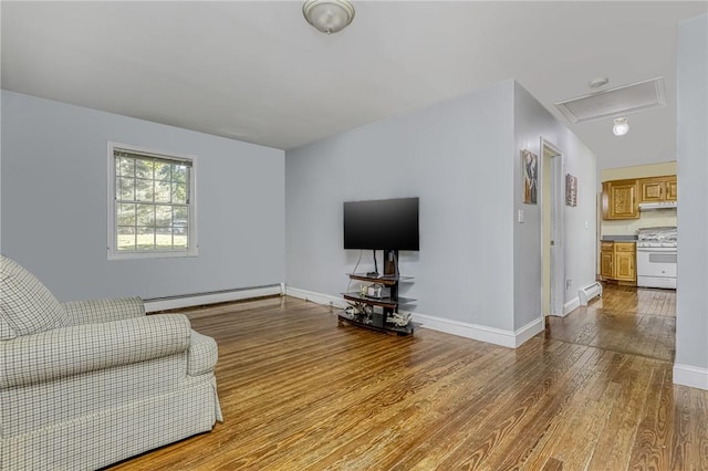 living room with a baseboard radiator and light hardwood / wood-style flooring