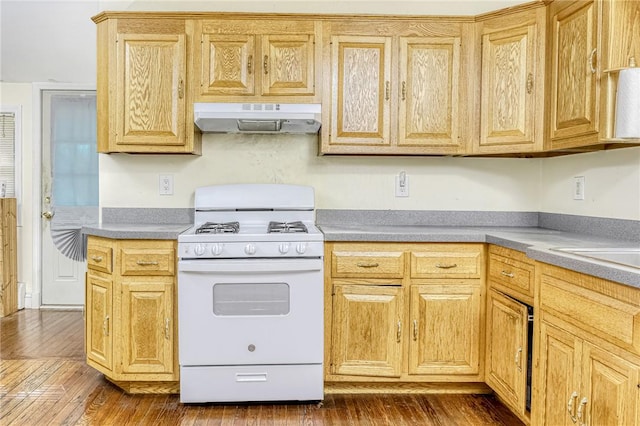 kitchen with light brown cabinetry, dark hardwood / wood-style flooring, and white range with gas cooktop