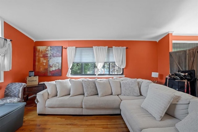 living room with ornamental molding and light hardwood / wood-style flooring